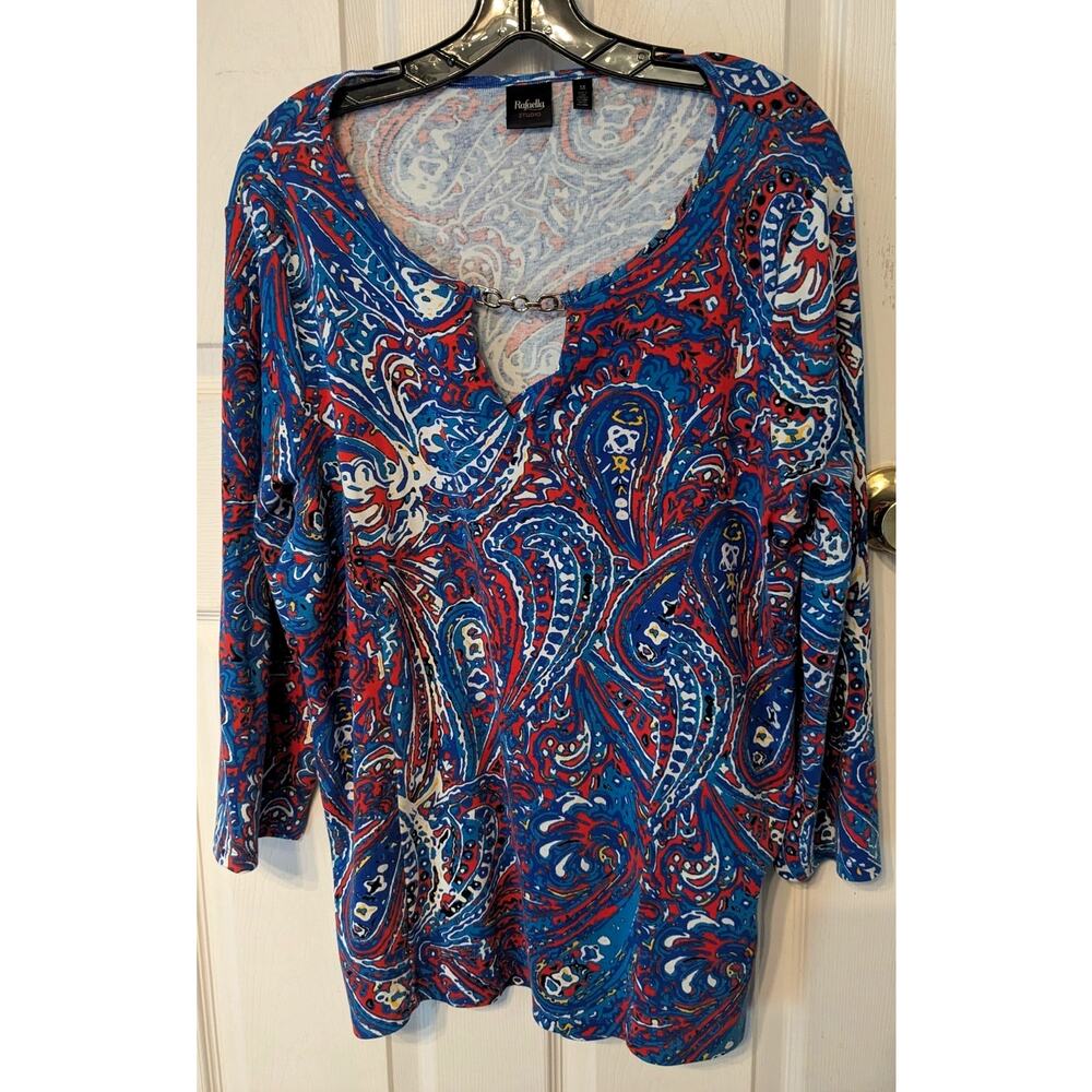 Rafaella 1X Blue Red Paisley Top 3/4 Sleeve Cotton Knit Shirt Tunic Keyhole Neck